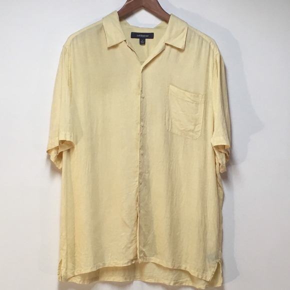 Croft & Barrow Men L Shirt Yellow Button Up Short Sleeve 100% Silk Beach - Picture 1 of 10
